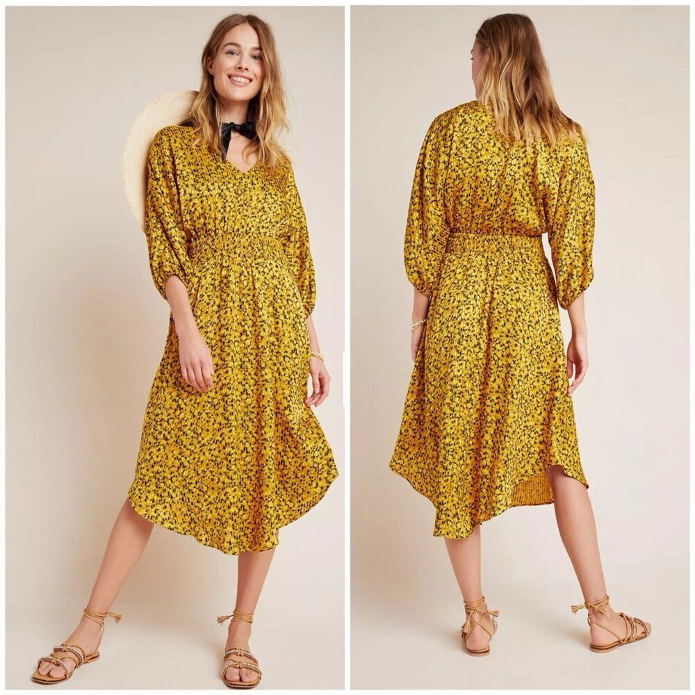 Anthropologie Marigold Midi Dress Floral Yellow V Neck Puff Sleeves Size Small